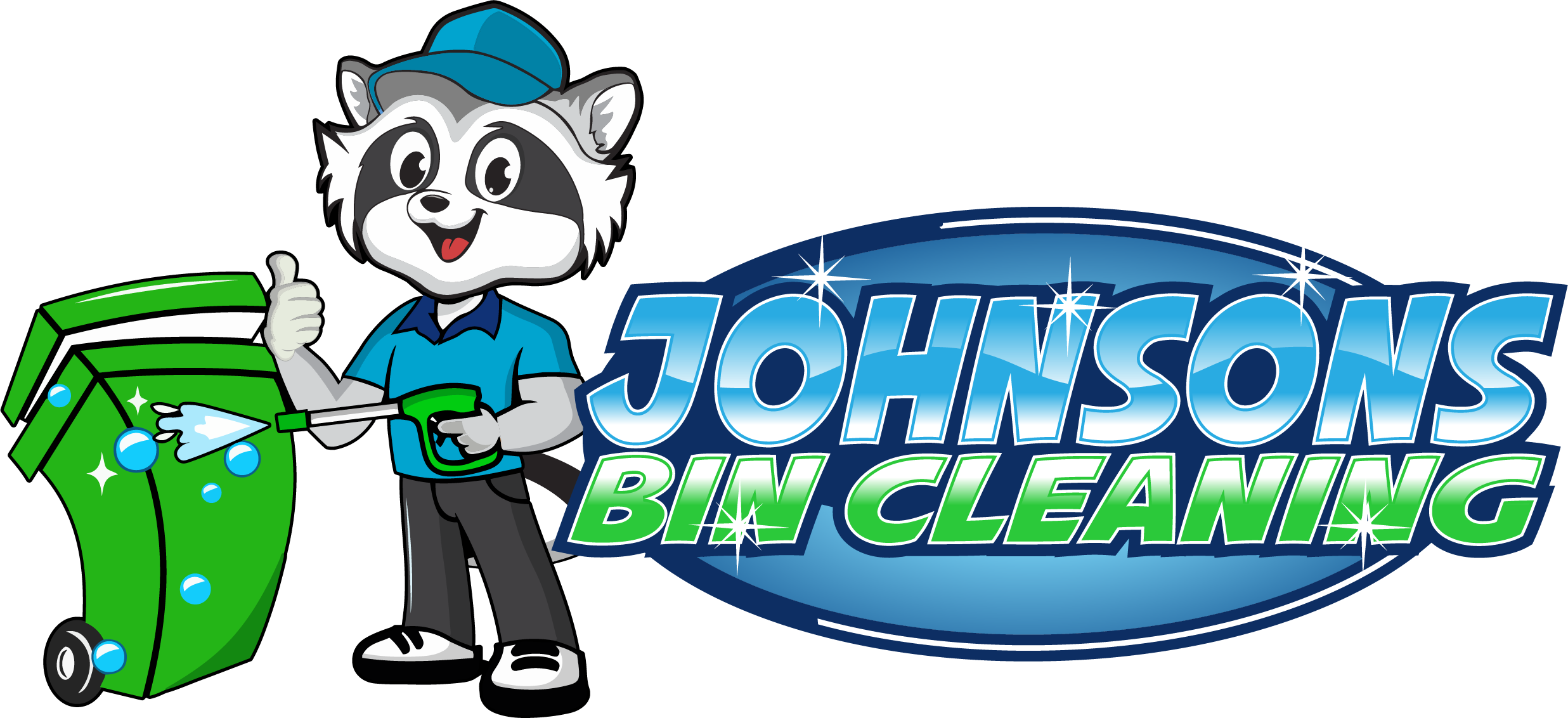 Johnson's Bin Cleaning logo featuring a raccoon mascot cleaning a green trash bin with bubbles